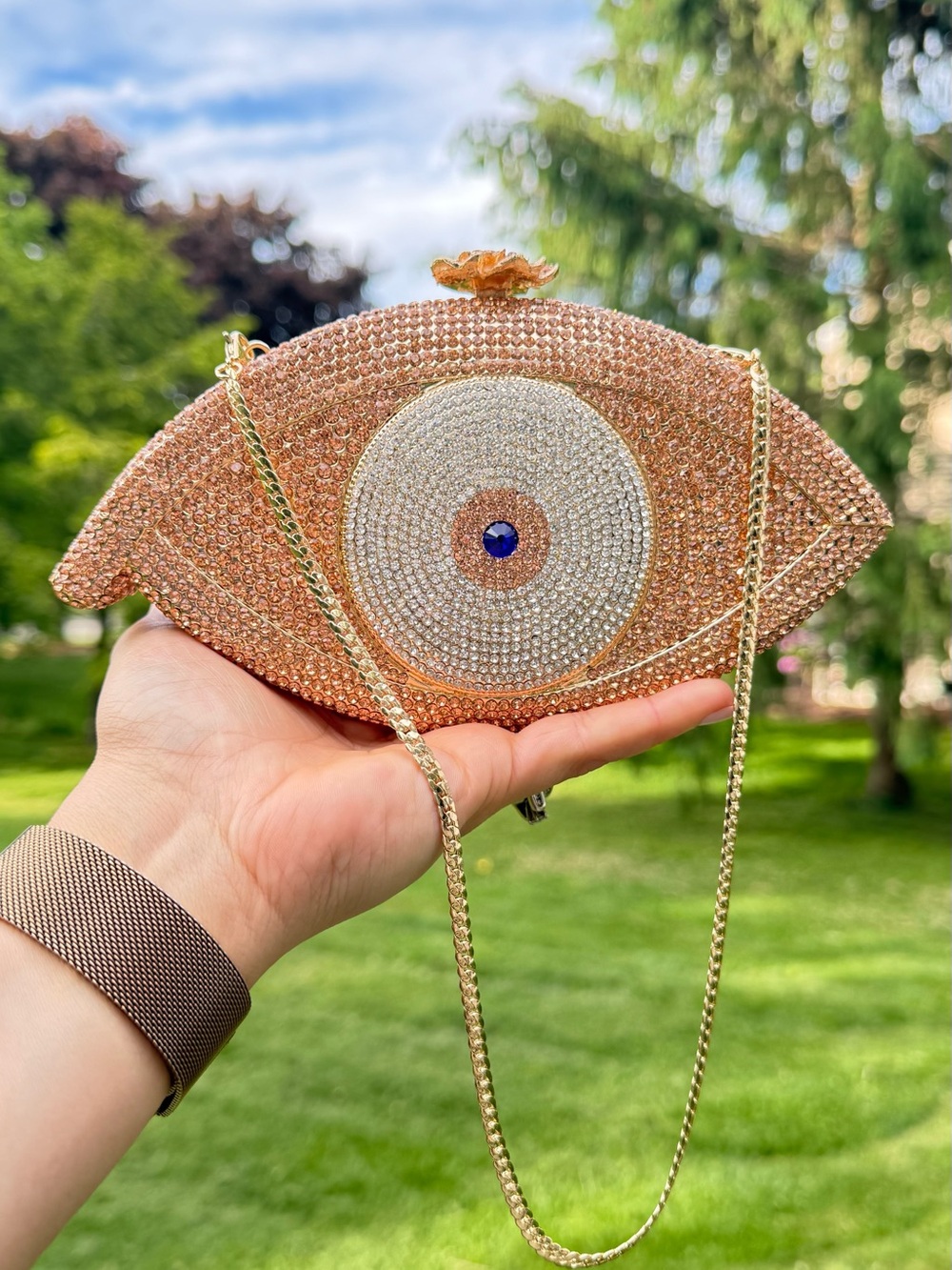Rose Gold Eye Crystal Clutch with Chain Strap